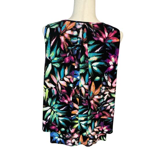 Rafaella black bright floral flowy overlay sleeveless shirt blouse womens medium - Picture 2 of 7